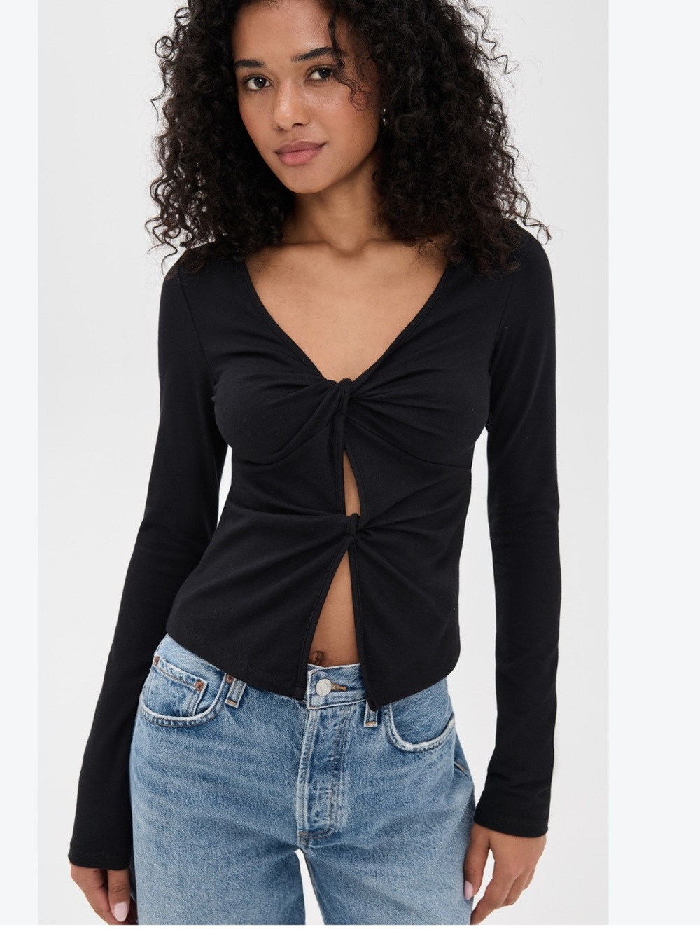 Reformation Silas Twist Detail Stretch Cotton Knit Top in Black SZ XL